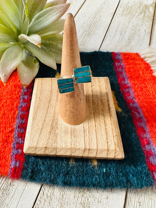 Zuni Turquoise & Sterling Silver Inlay Square Adjustable Ring