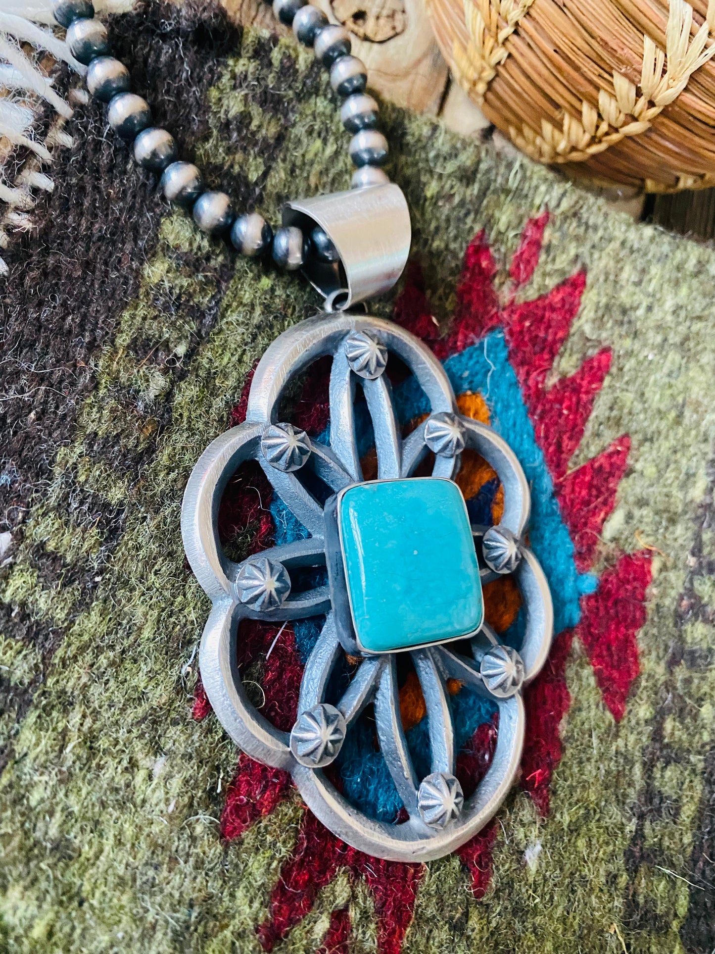 Navajo Sterling Silver & Turquoise Pendant By Chimney Butte