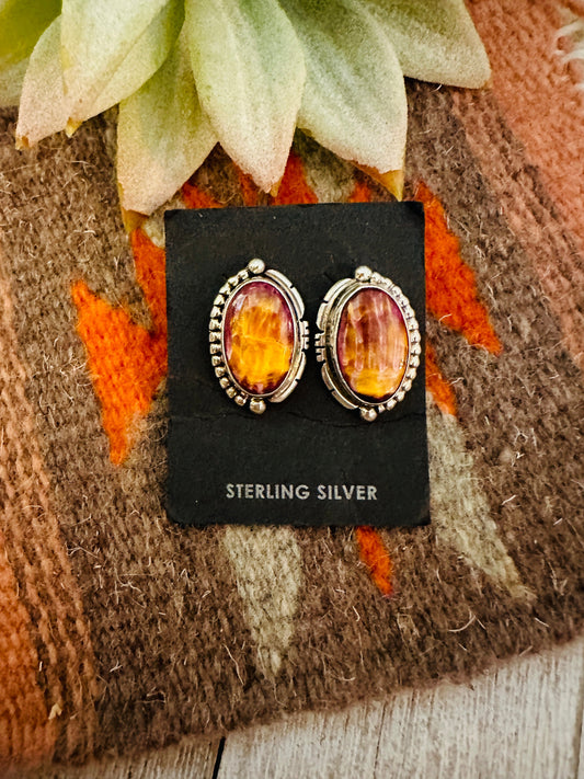 Navajo Spiny and Sterling Silver Post Earrings by Wydell Billie