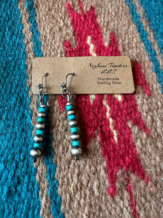 Nizhoni’s Handmade Sterling Silver & Turquoise Navajo Pearl Style Dangle Earrings 2”