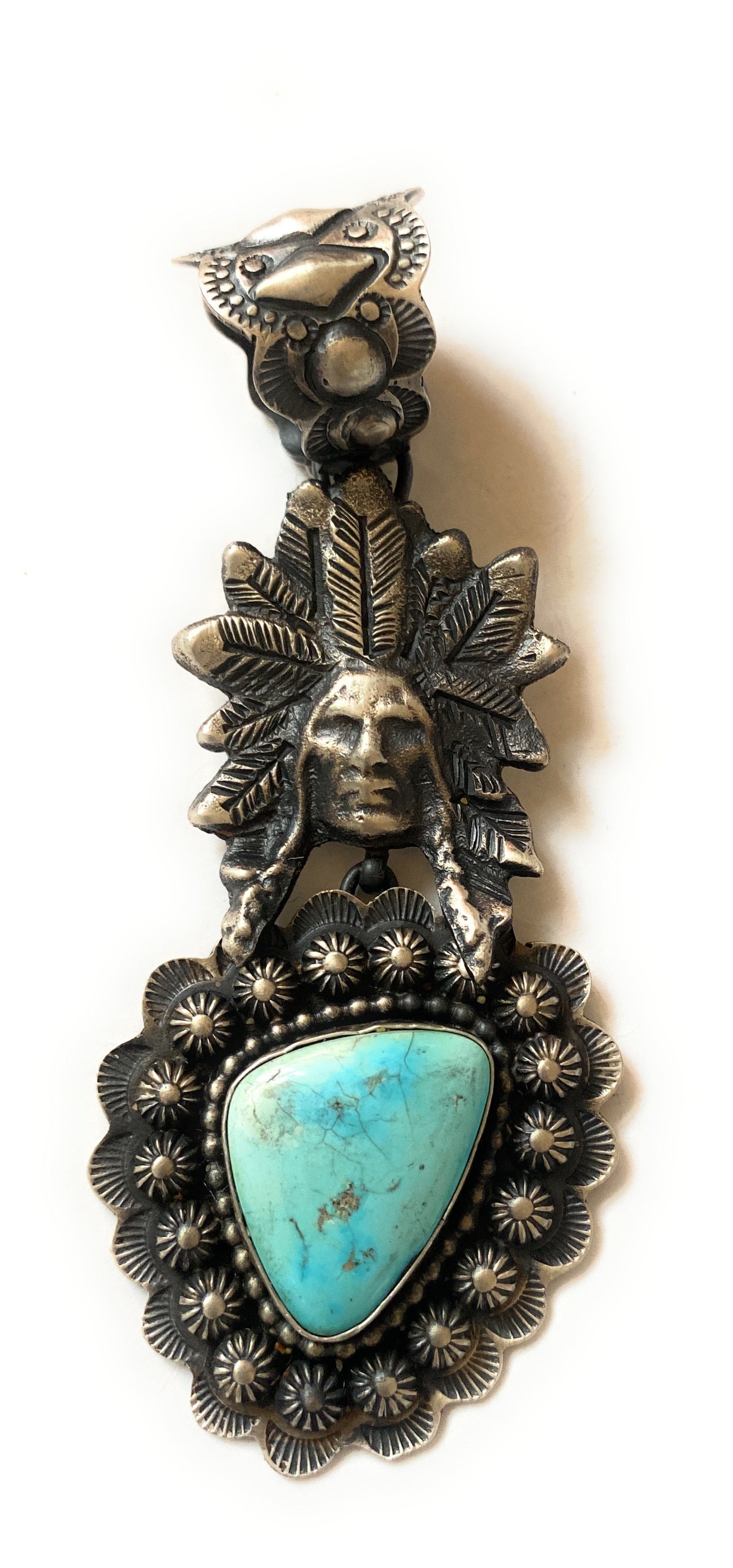 Navajo Sterling Kingman Turquoise & Sterling Silver Indian Chief Pendant