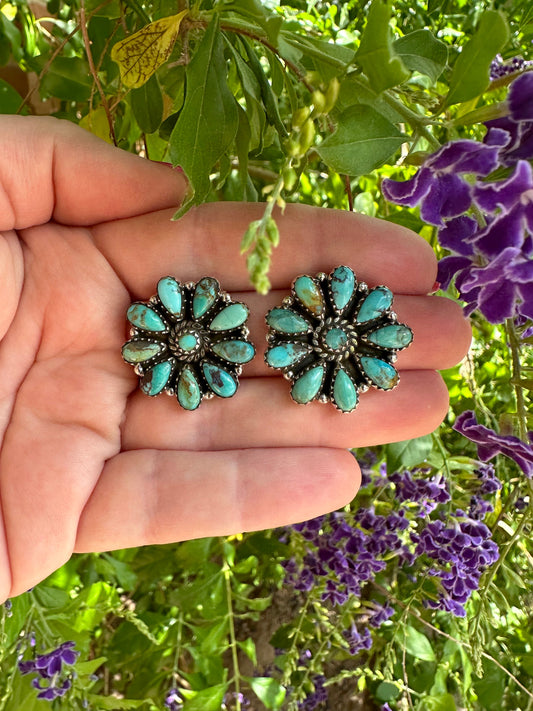 Handmade Flower Sterling Silver & Turquoise Cluster Post Earrings Signed Nizhoni