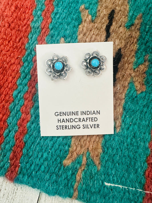 Navajo Sterling Silver & Turquoise Flower Stud Earrings