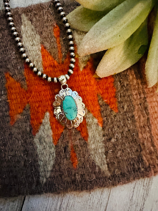 Navajo Turquoise & Sterling Silver Flower Pendant