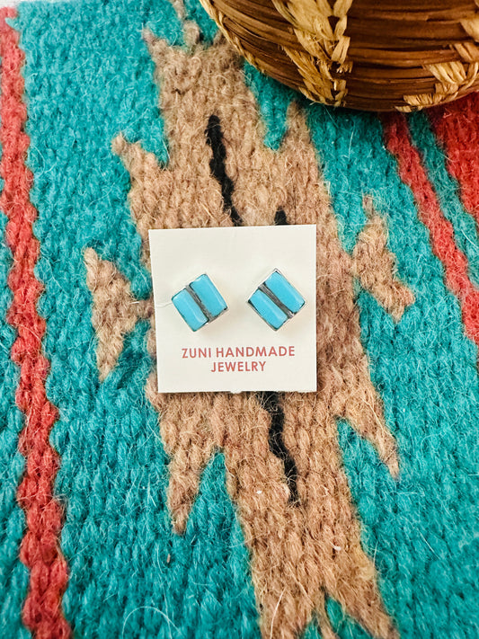 Zuni Sterling Silver & Turquoise Inlay Square Stud Earrings