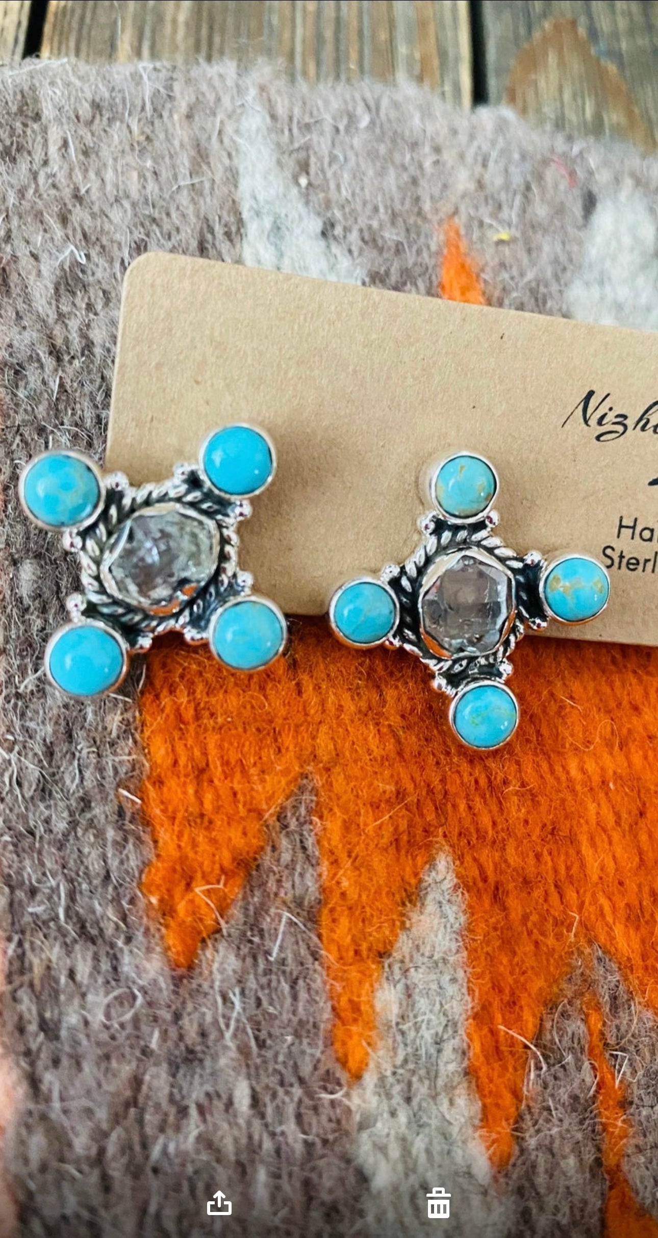 Handmade Herkimer Diamond, Turquoise & Sterling Silver Post Earrings Signed Nizhoni
