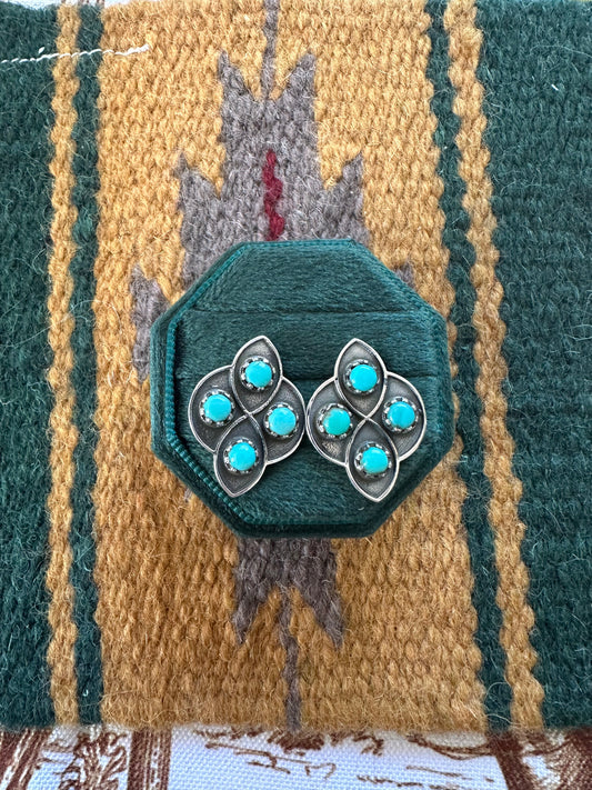 Handmade Turquoise, And Sterling Silver 4Stone Post Earrings Signed Nizhoni