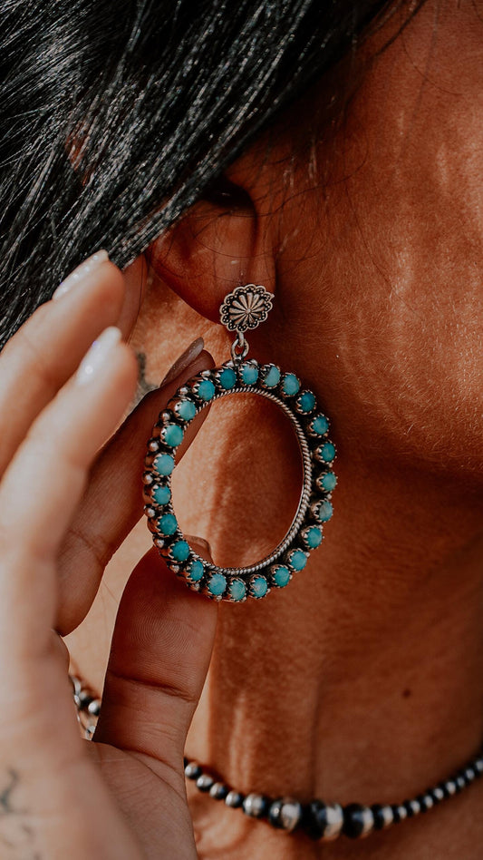 Nizhoni Handmade Turquoise & Sterling Silver Concho Flower Hoop Earrings
