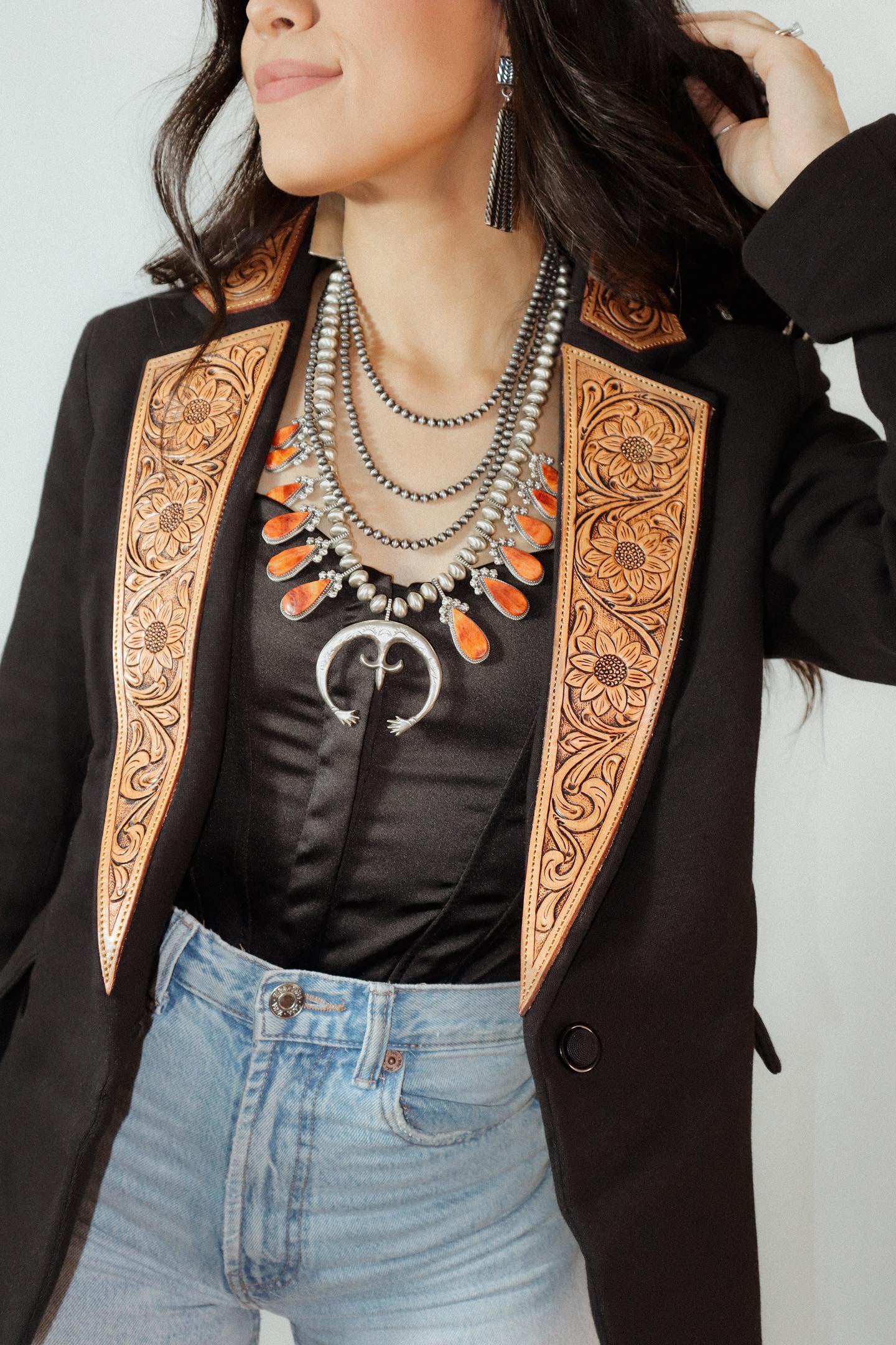 Navajo Orange Spiny And Sterling Silver Squash Blossom Necklace Earrings Set By Selina Warner