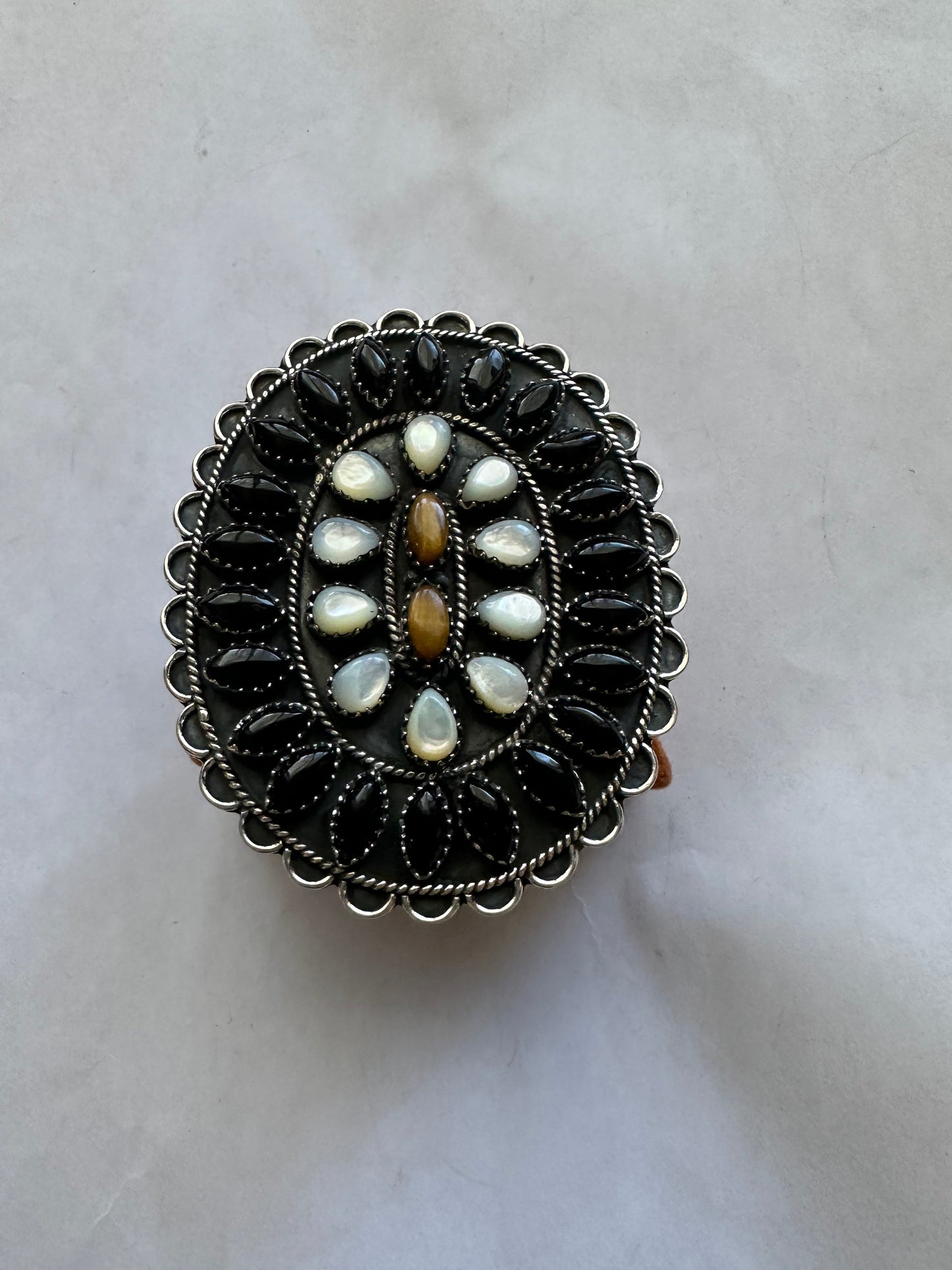 “Desert Roads” Handmade Pearl, Black Onyx & Sterling Silver Adjustable Ring
