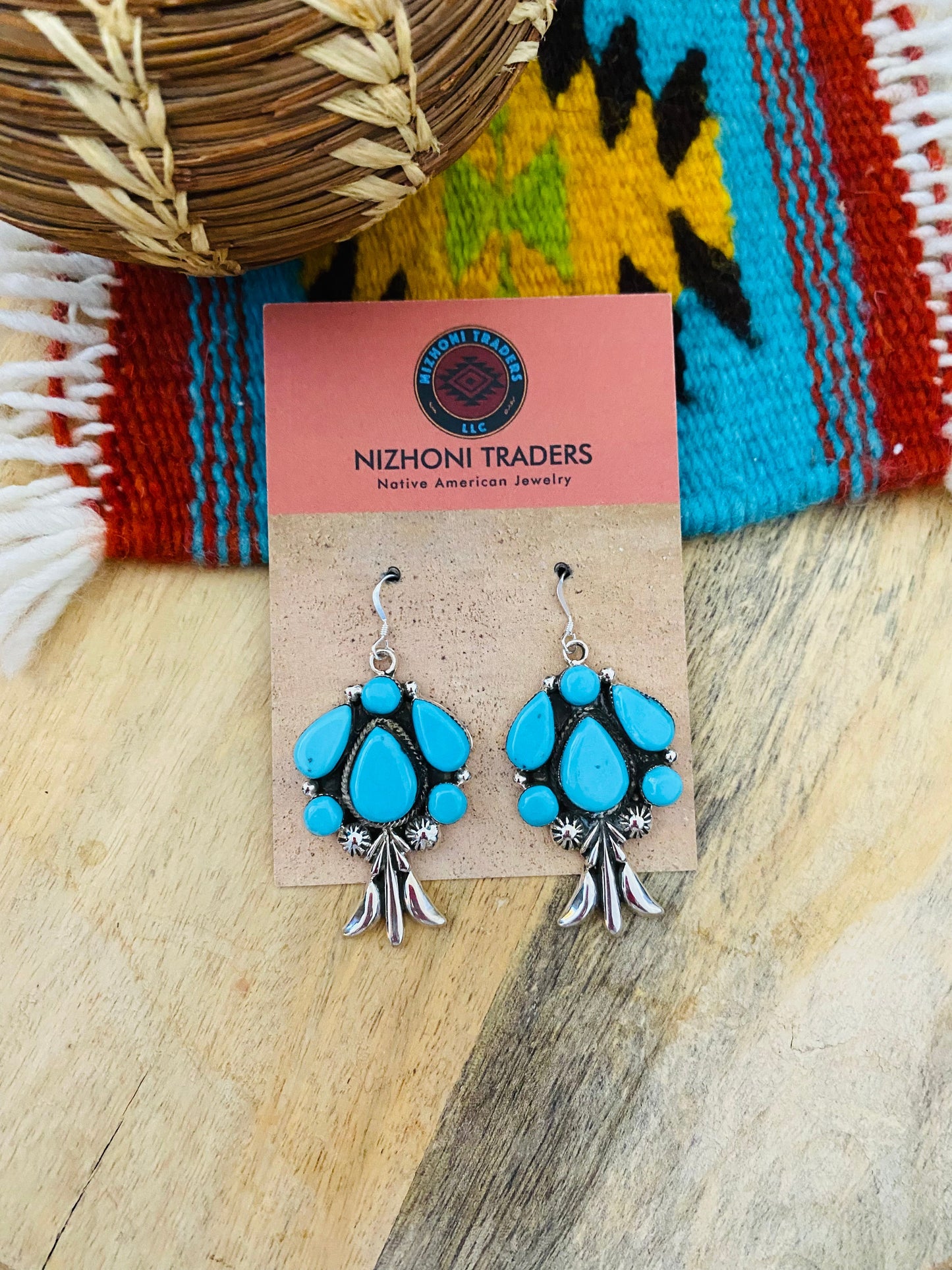 Navajo Sterling Silver & Turquoise Cluster Dangle Earrings