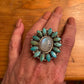 Handmade Sterling Silver Royston Turquoise & Aqua Calcedony Cluster Adjustable Ring Signed Nizhoni