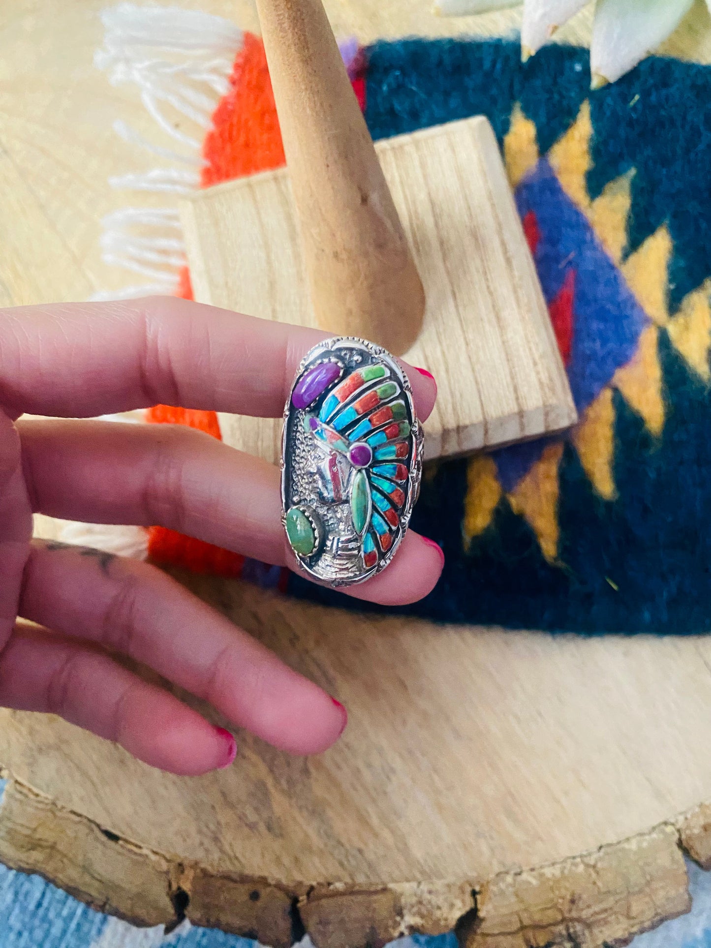 Handmade Sterling Silver & Multi Stone Inlay Indian Chief Ring Size 8.5