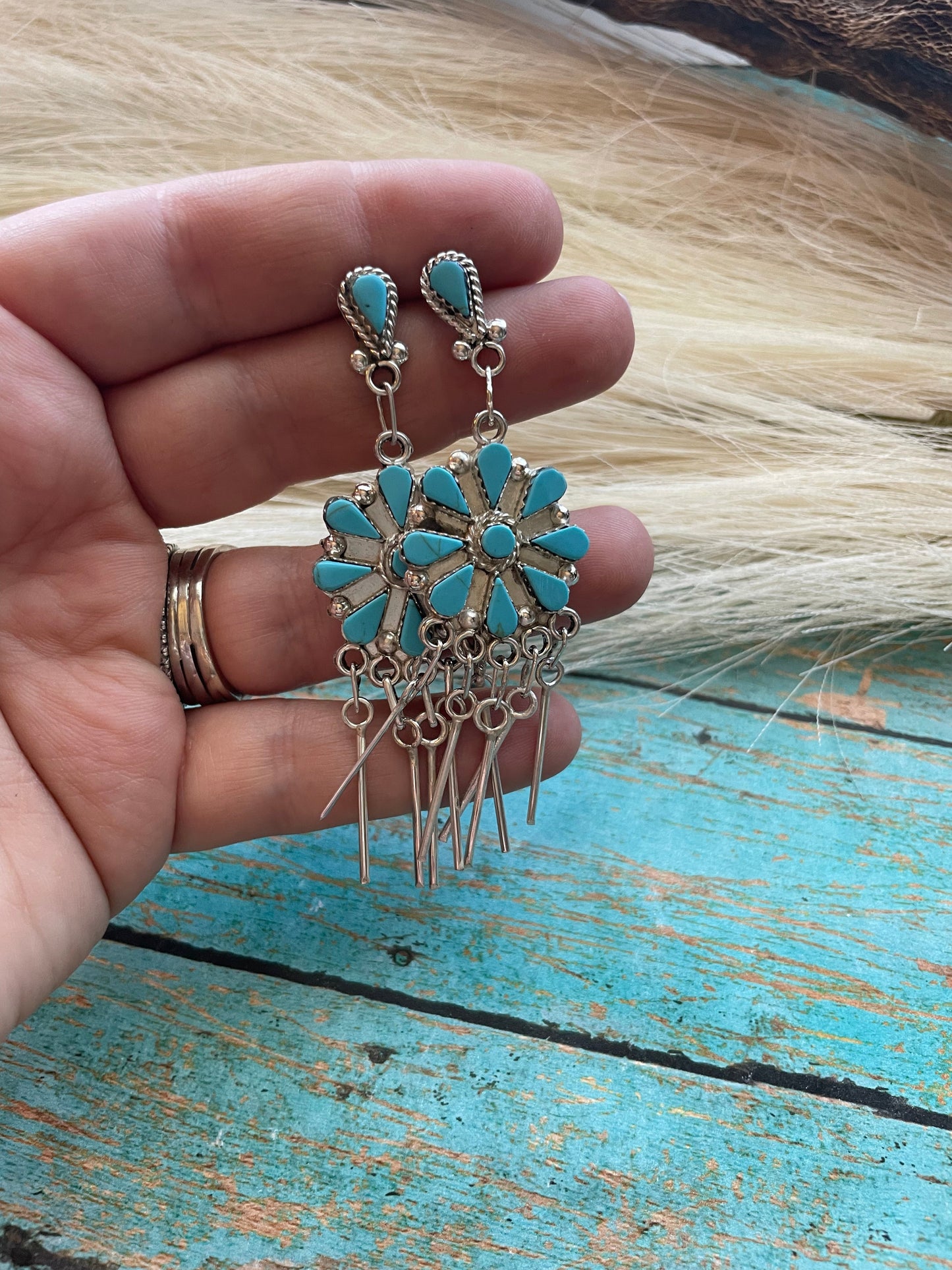 Zuni Sterling Silver & Turquoise 3 Inch Dangle Earrings
