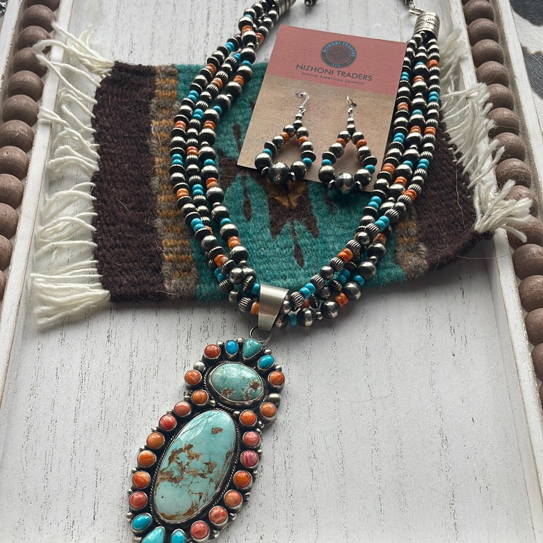 Navajo Beaded Turquoise, Spiny, & Sterling Silver Necklace Earrings Set Signed