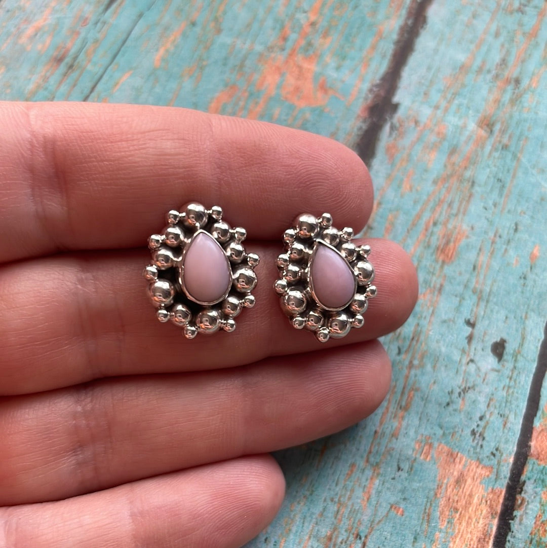 Handmade Pink Conch and Sterling Silver Tear Drop Stud Earrings Signed Nizhoni