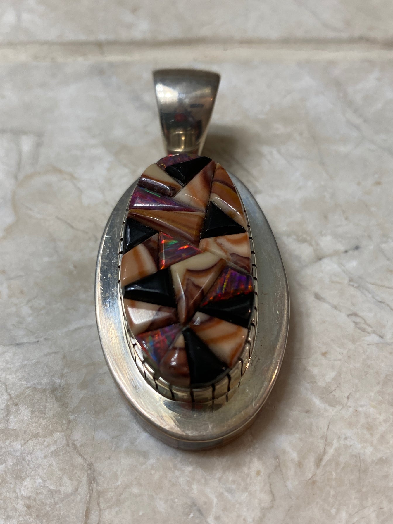 Navajo Onyx, Purple Spiny, Coral & Sterling Silver Pendant
