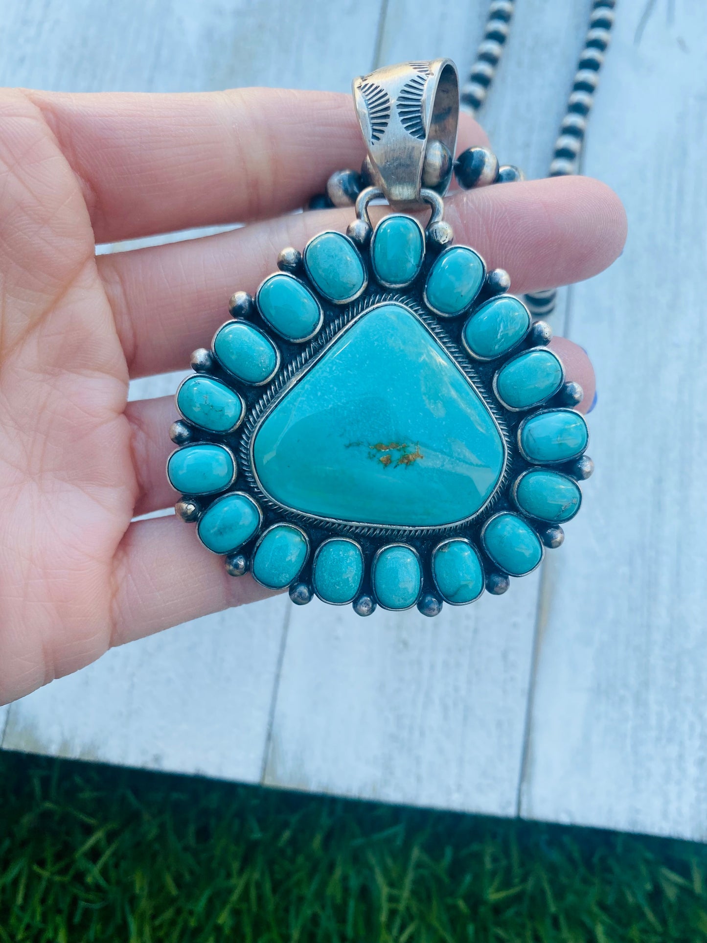 Vintage Navajo Turquoise & Sterling Silver Beaded Cluster  Necklace