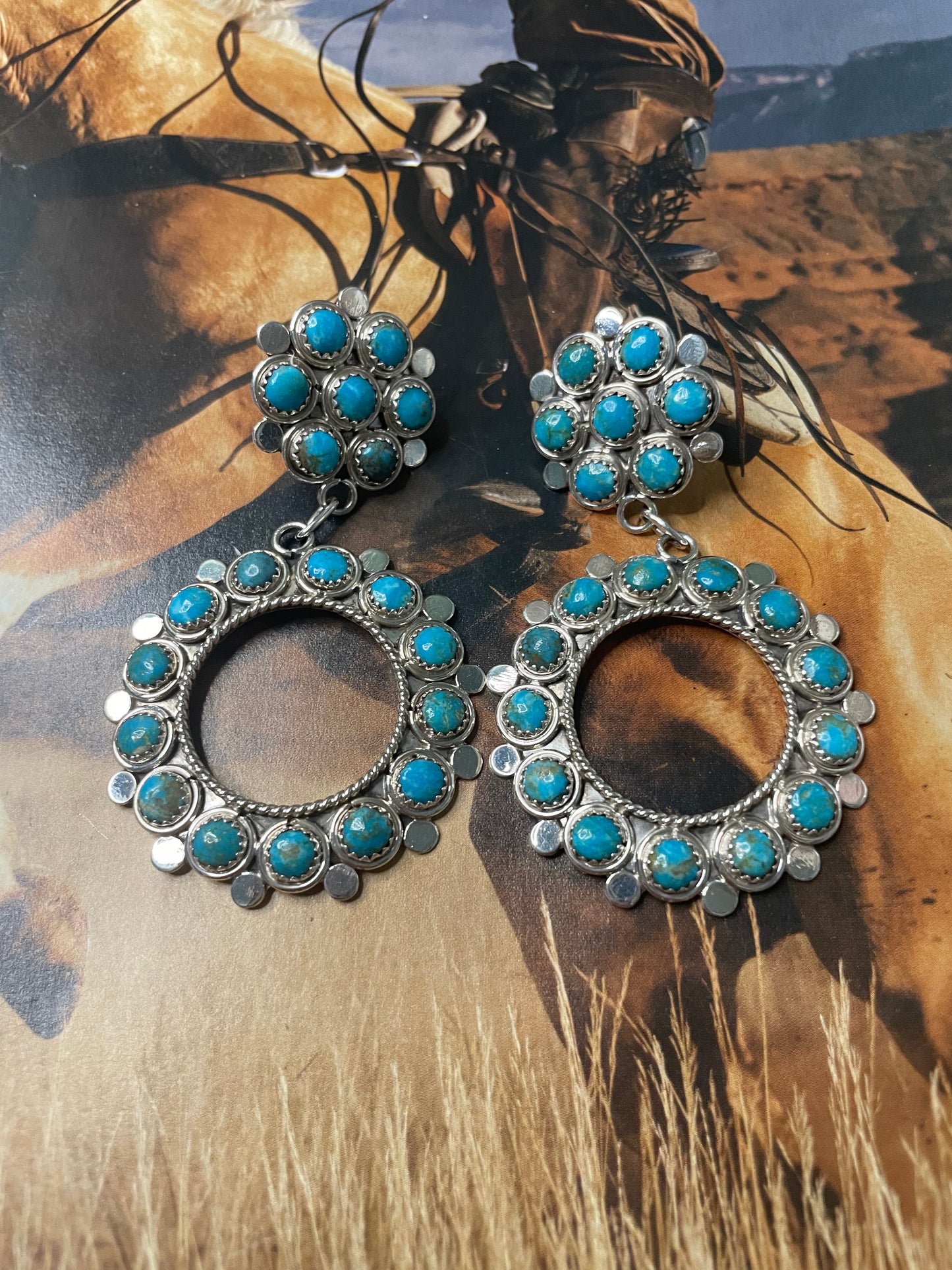 Zuni Sterling Silver & Turquoise Dangle Earrings Signed