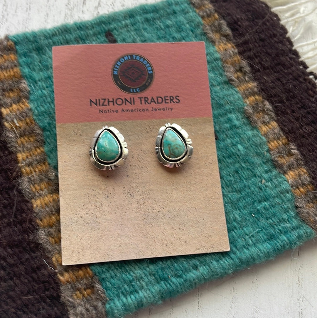 Beautiful Navajo Turquoise And Sterling Silver Teardrop Post Earrings