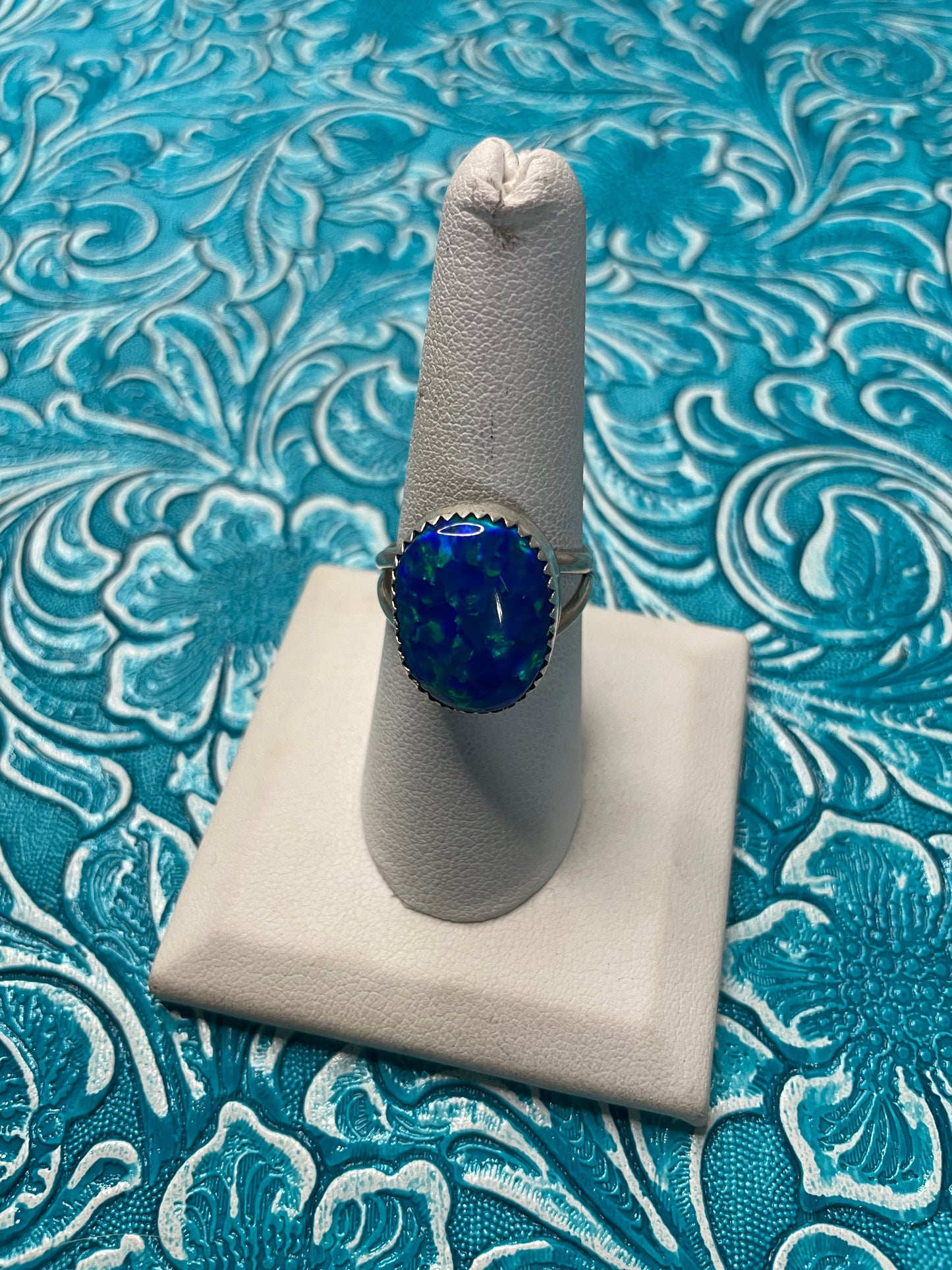 Navajo Man Made Sterling Silver & Blue Opal Ring Signed