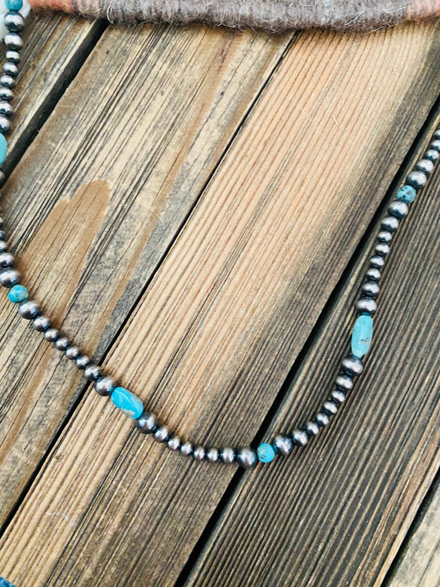 Handmade Sterling Silver & Turquoise Beaded Necklace 30”