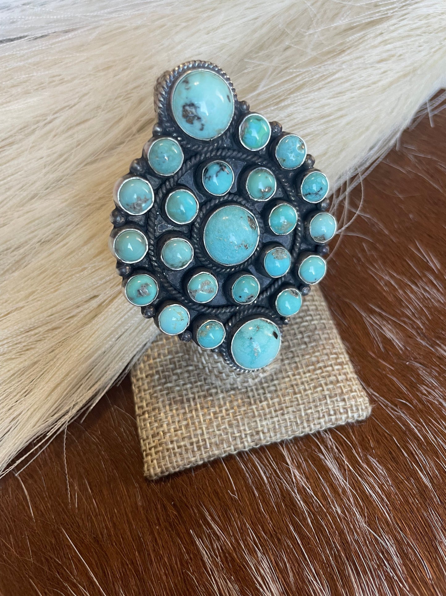 Navajo Sterling Silver & Turquoise Adjustable Statement Cluster Ring Signed