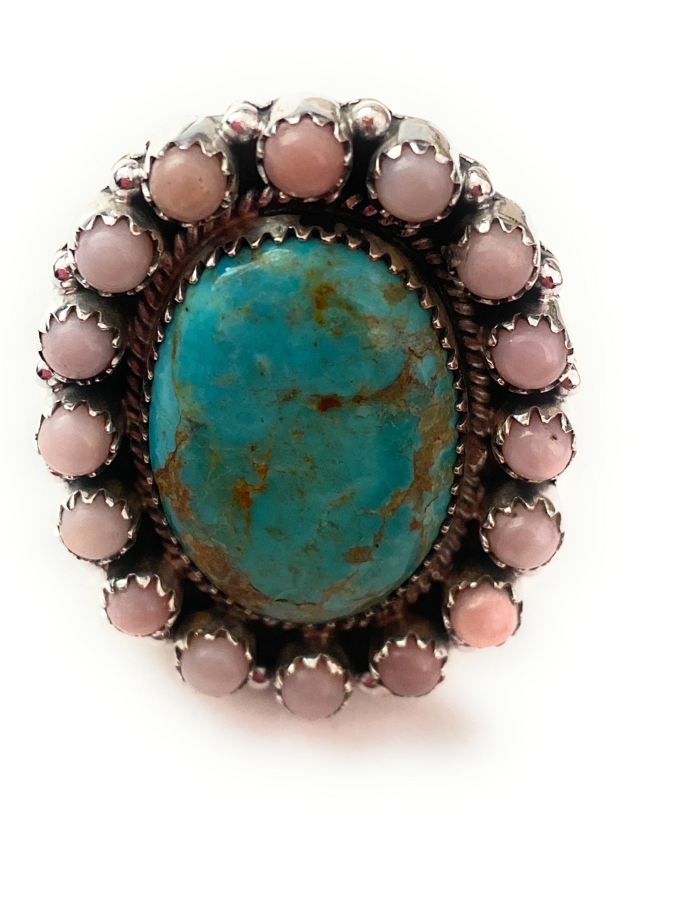 Handmade Sterling Silver Turquoise & Mother of Pearl Cluster Adjustable Ring
