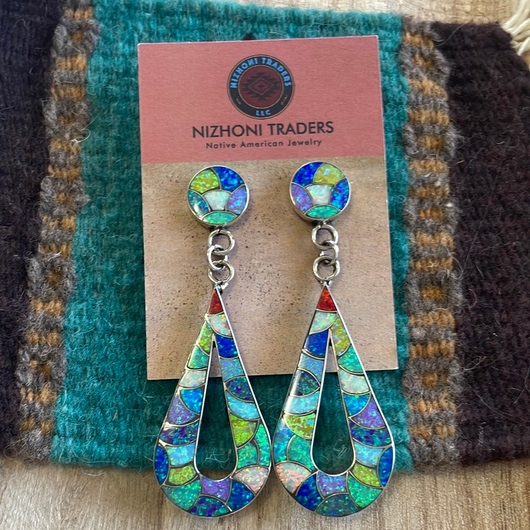 Zuni Multicolor Opal & Sterling Silver Inlay Dangle Earrings Signed