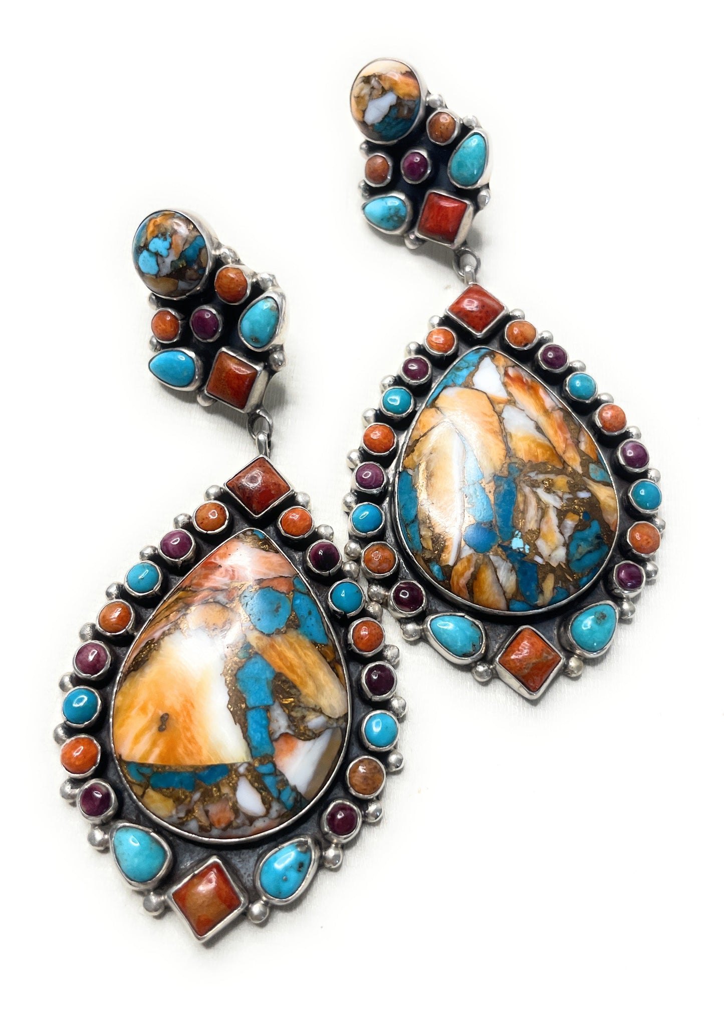 Navajo Collectors Piece Multi Stone & Spice Sterling Silver Earrings Signed V & C Hale