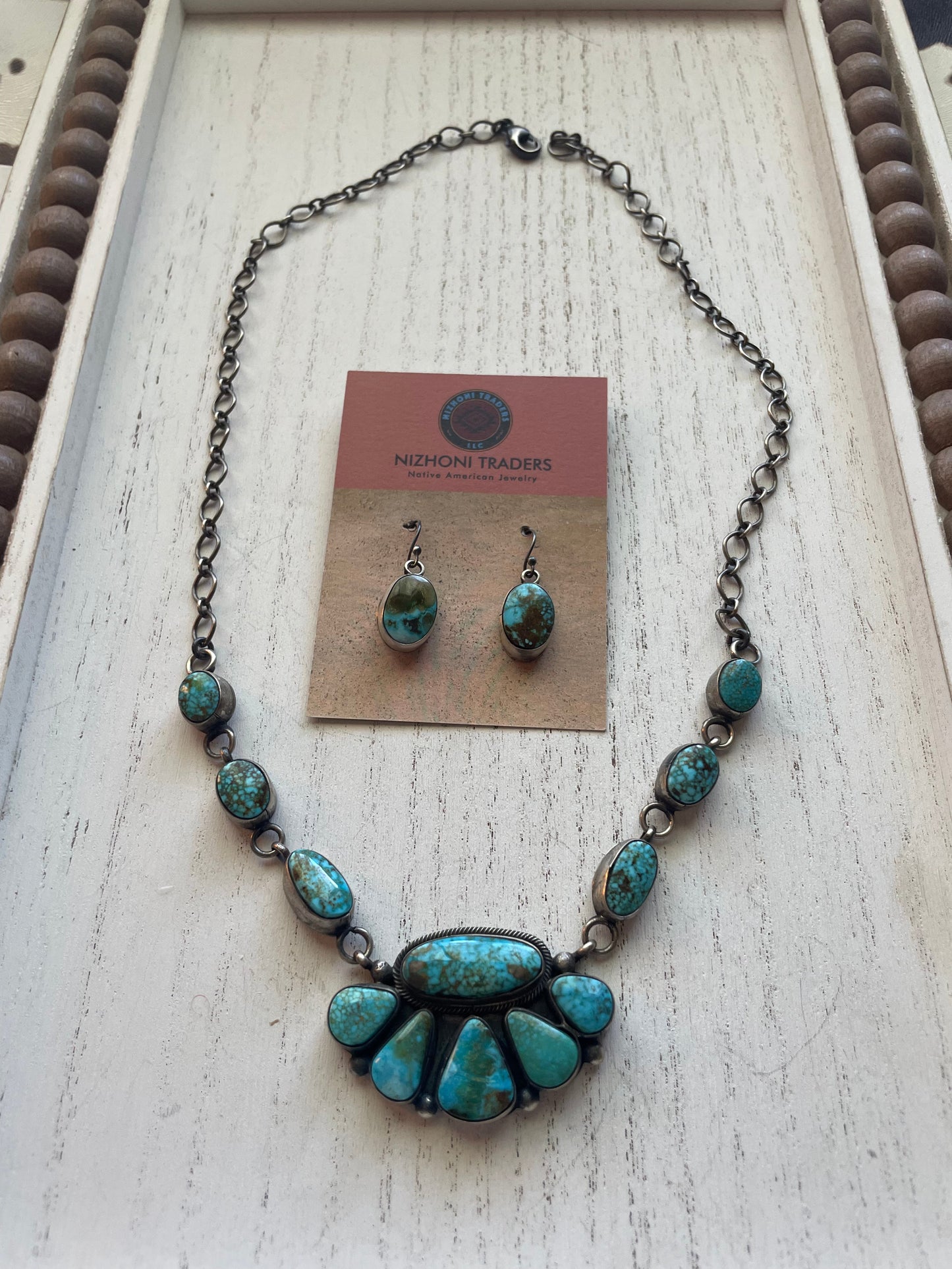Beautiful Navajo Sterling Silver Turquoise Necklace & Earring Set Signed B Johnson