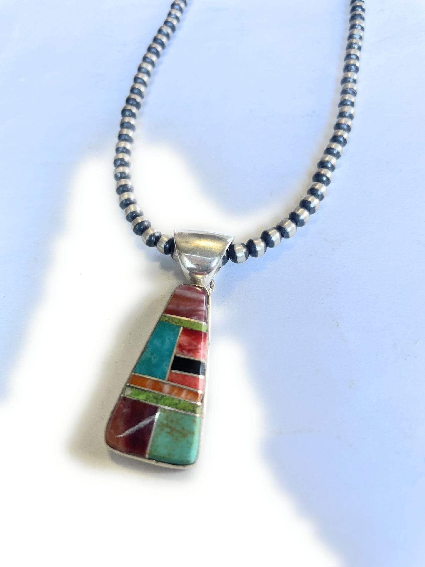 Navajo Multi Stone Inlay & Sterling Silver Pendant Signed