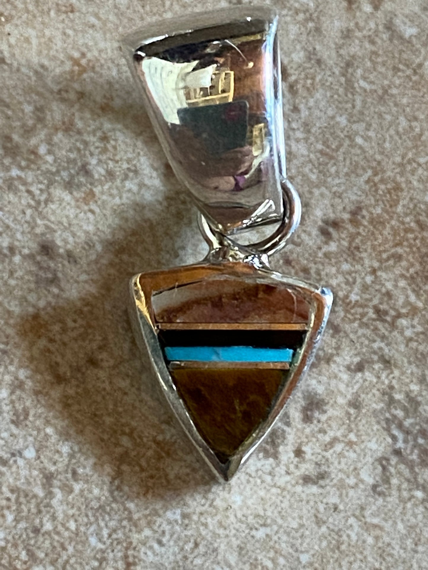Navajo Turquoise, Onyx, Petrified Wood Triangle Pendant
