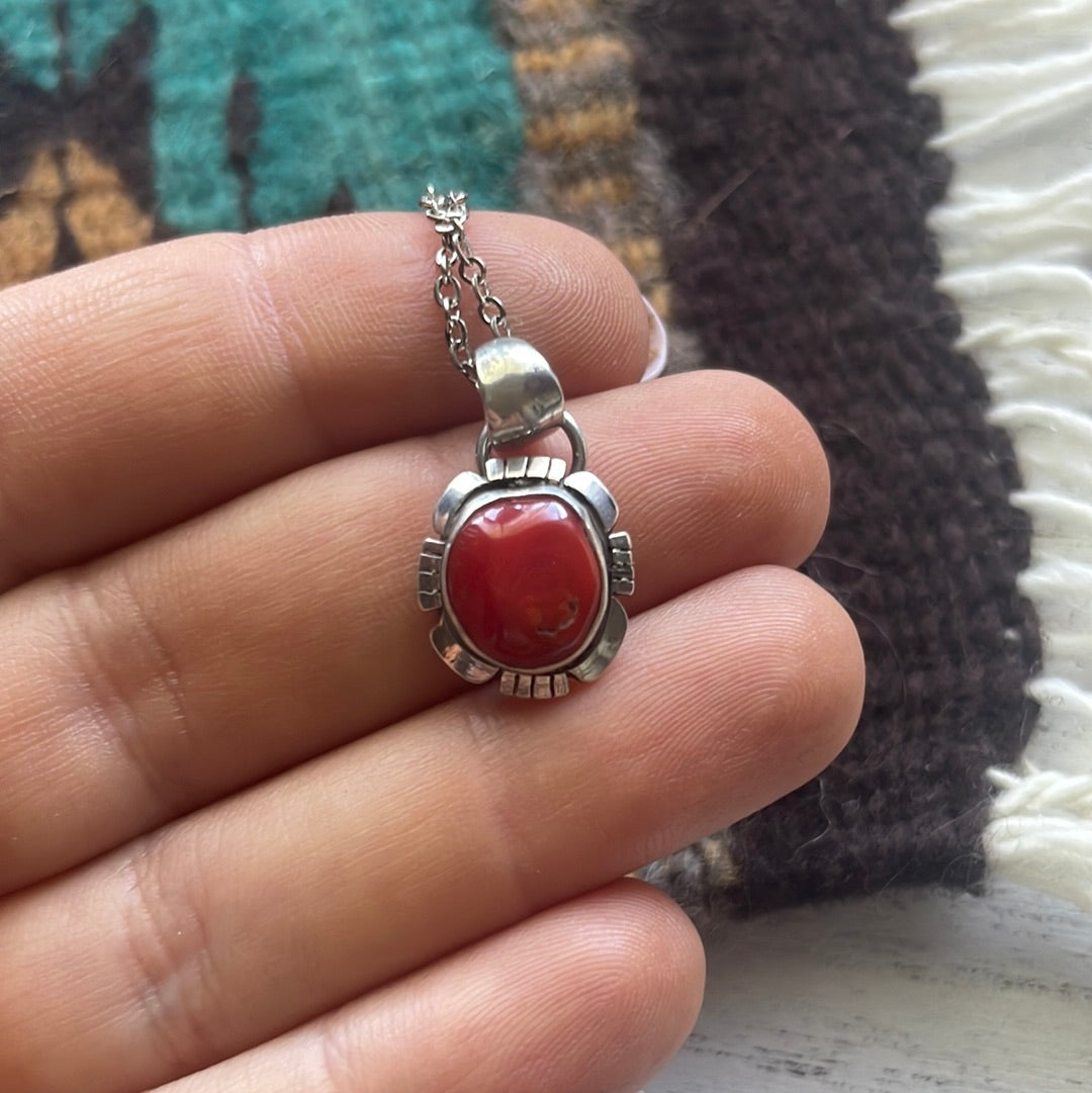 Navajo Natural Red Coral & Sterling Silver Pendant Signed