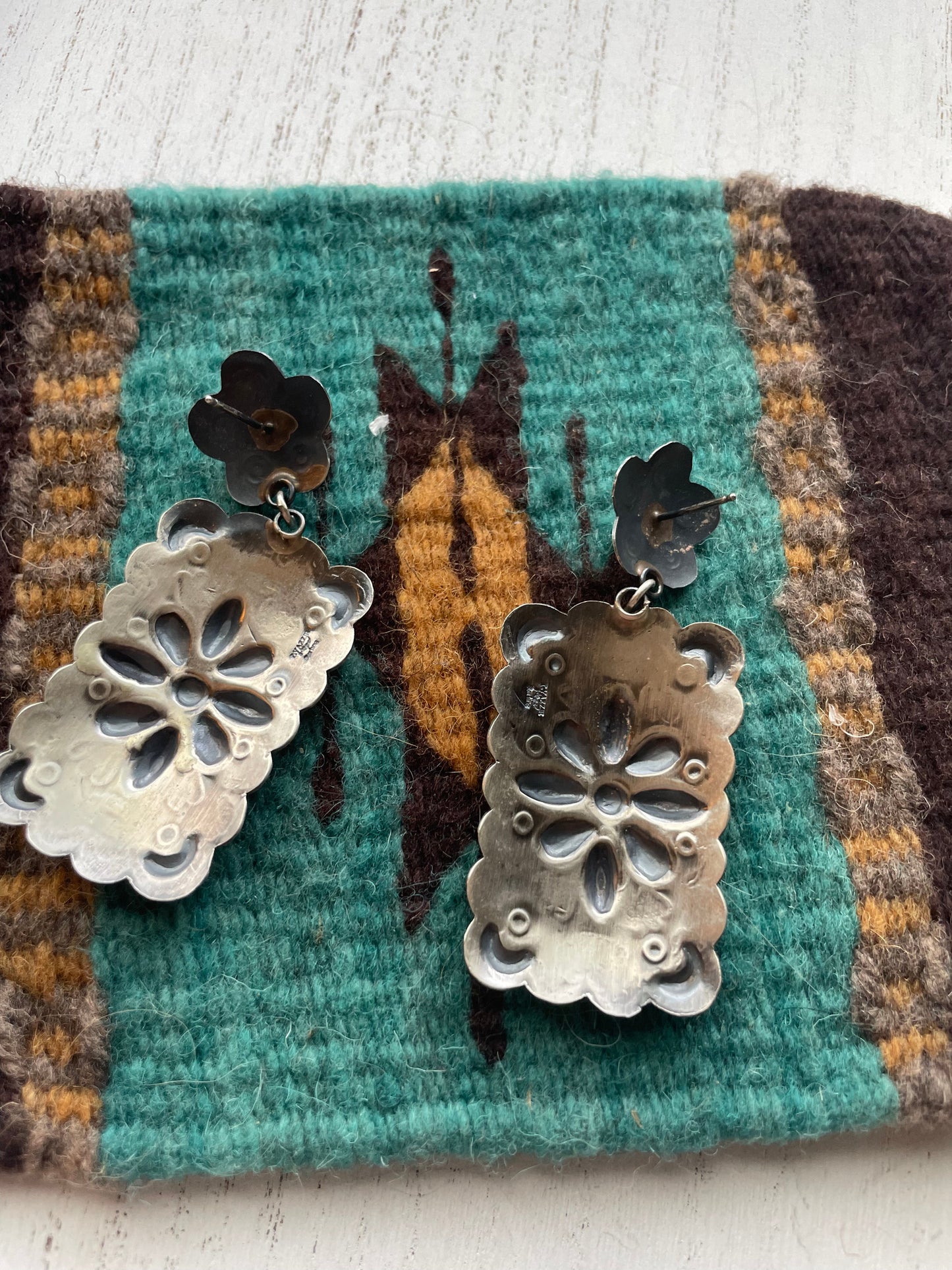 Navajo Sterling Silver & Turquoise Flower Concho Dangle Earrings Signed