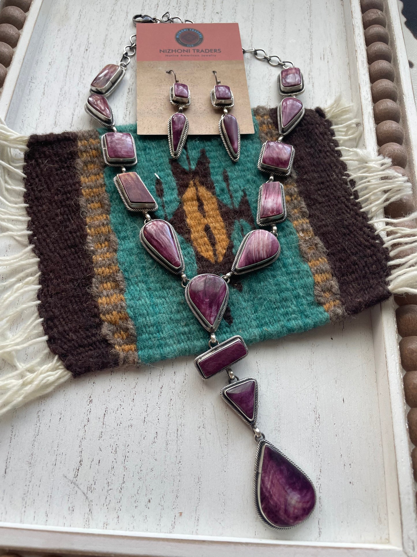 Navajo Purple Spiny And Sterling Silver Necklace & Earrings Signed