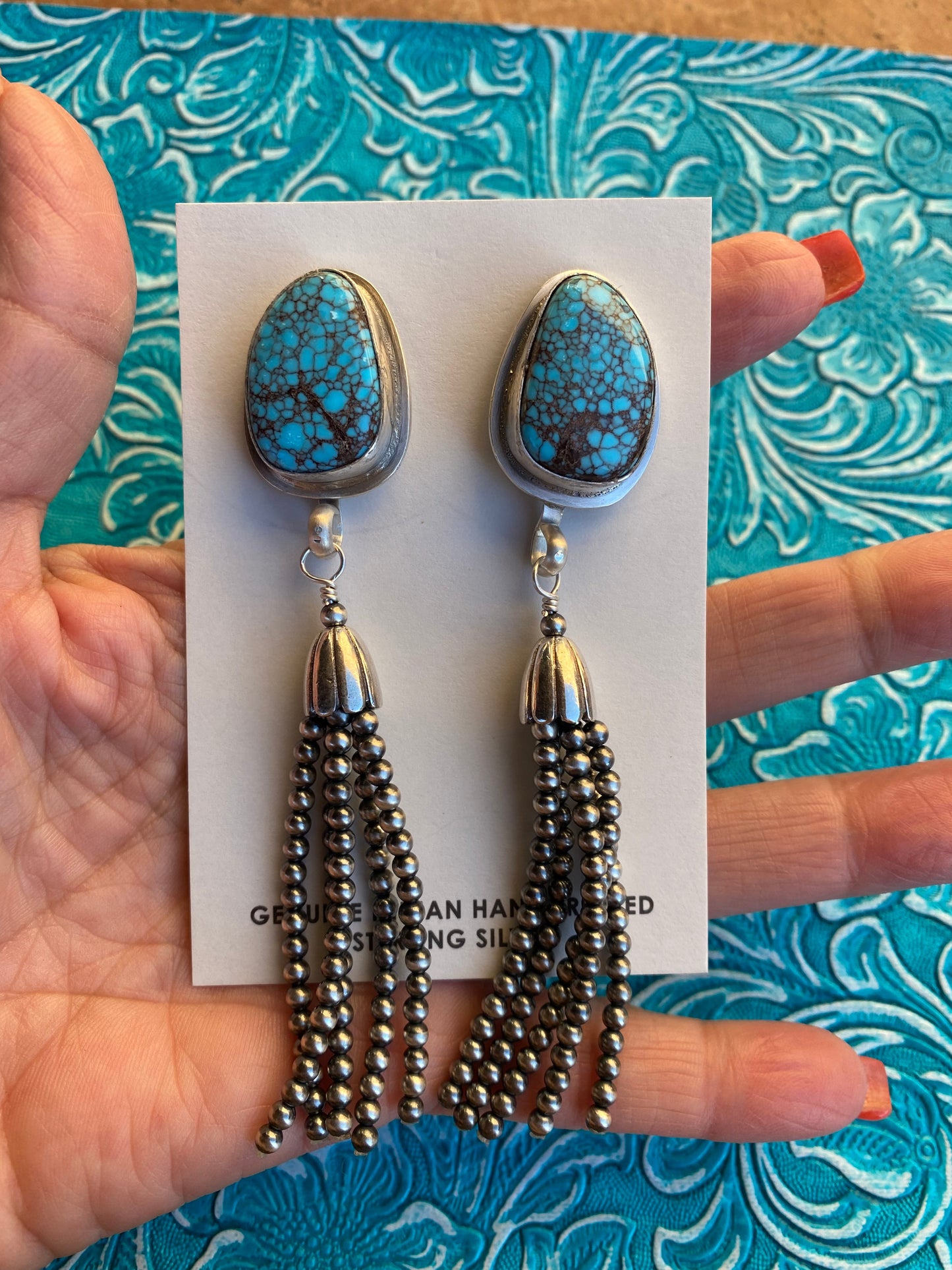 Navajo Steve Yazzie Turquoise & Sterling Silver Pearl Beaded Tassel Dangle Earrings