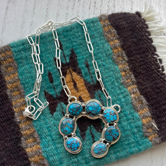 Navajo Sterling Silver & Turquoise Naja Necklace Signed