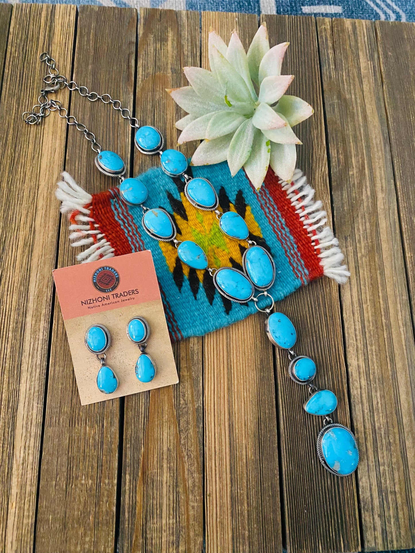 Navajo Sterling Silver & Kingman Turquoise Lariat Necklace Set