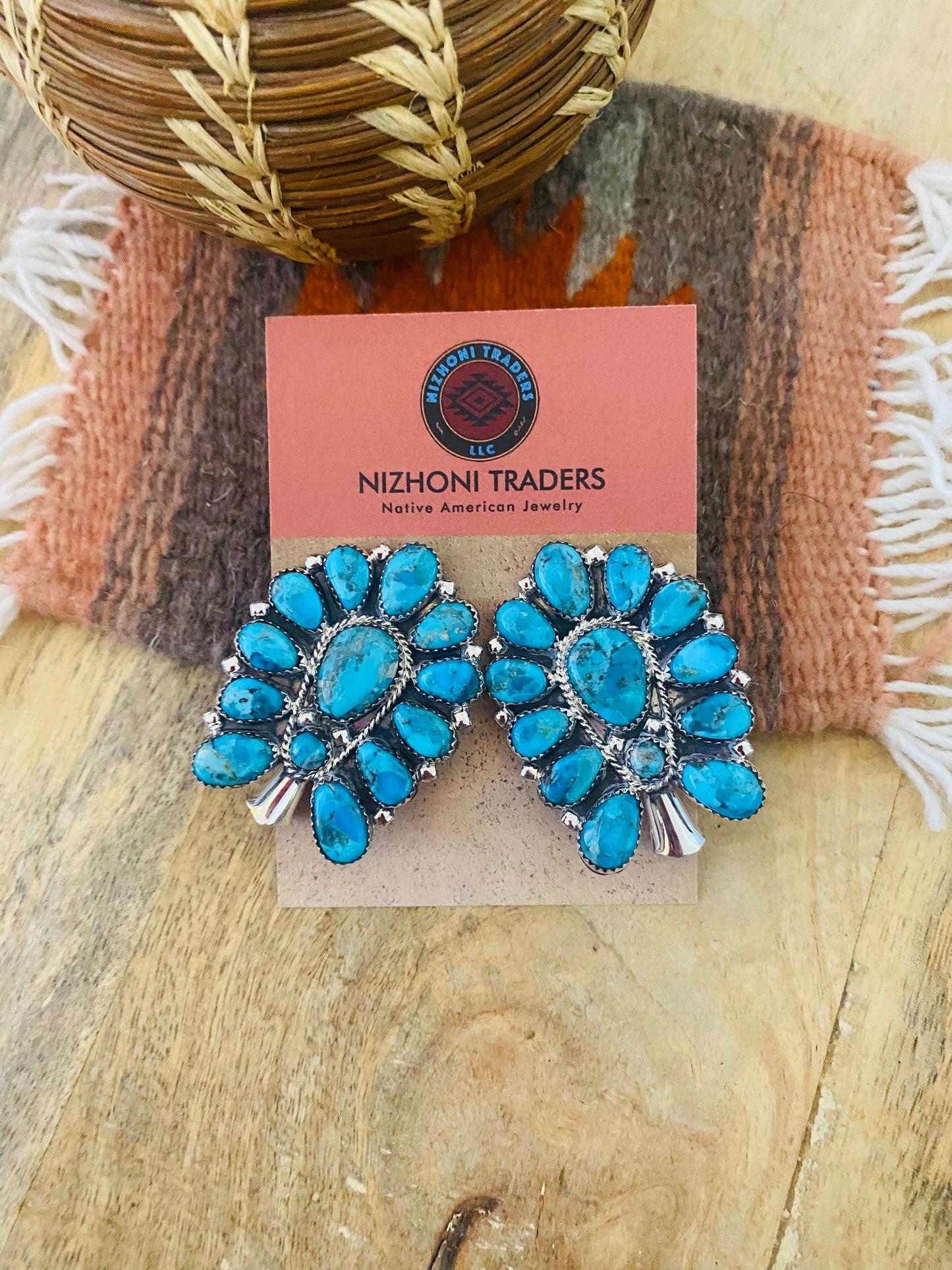 Navajo Sterling Silver & Turquoise Cluster Blossom Earrings