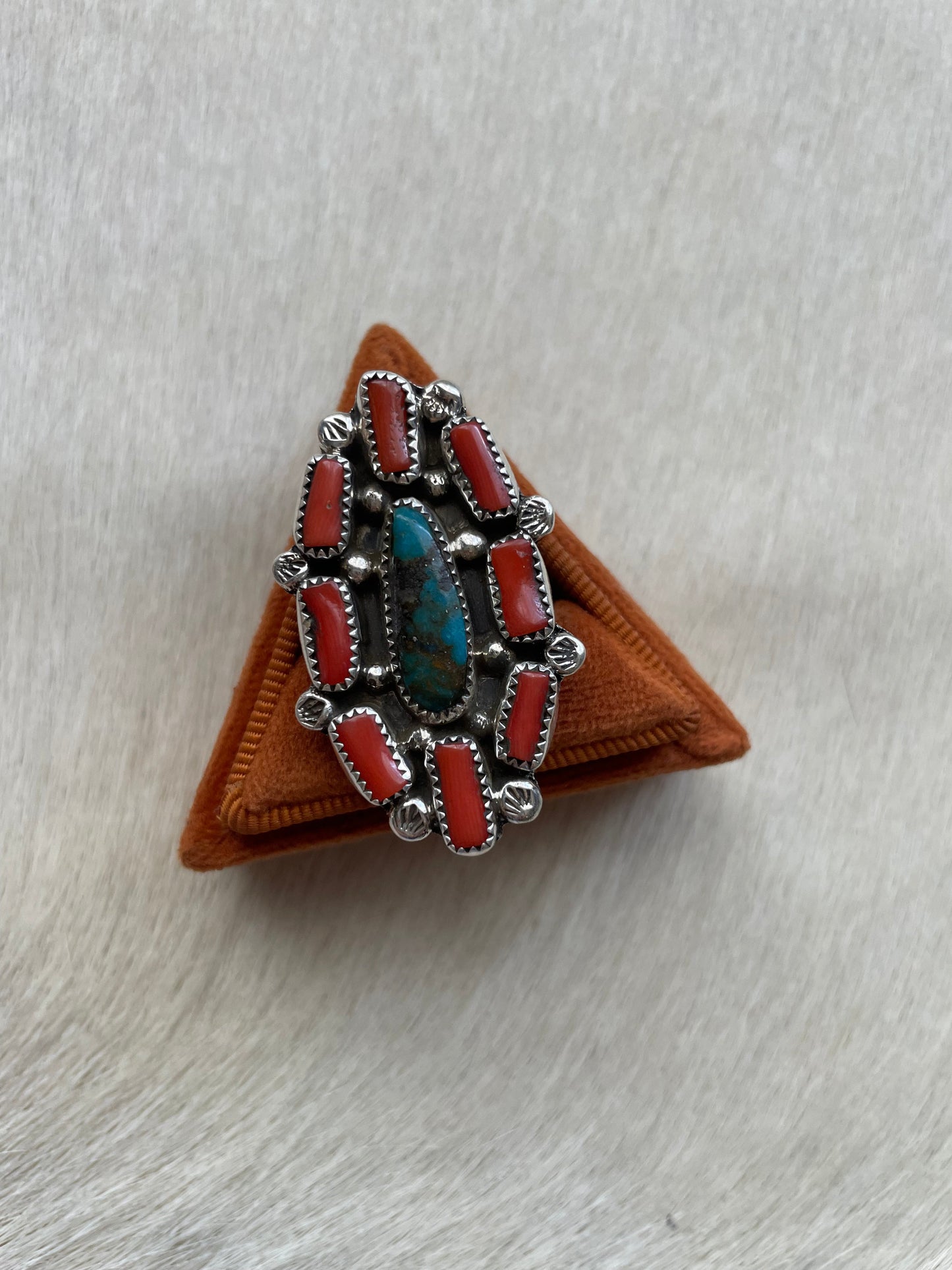Navajo Coral, Turquoise & Sterling Silver Cluster Ring Size 9 Signed