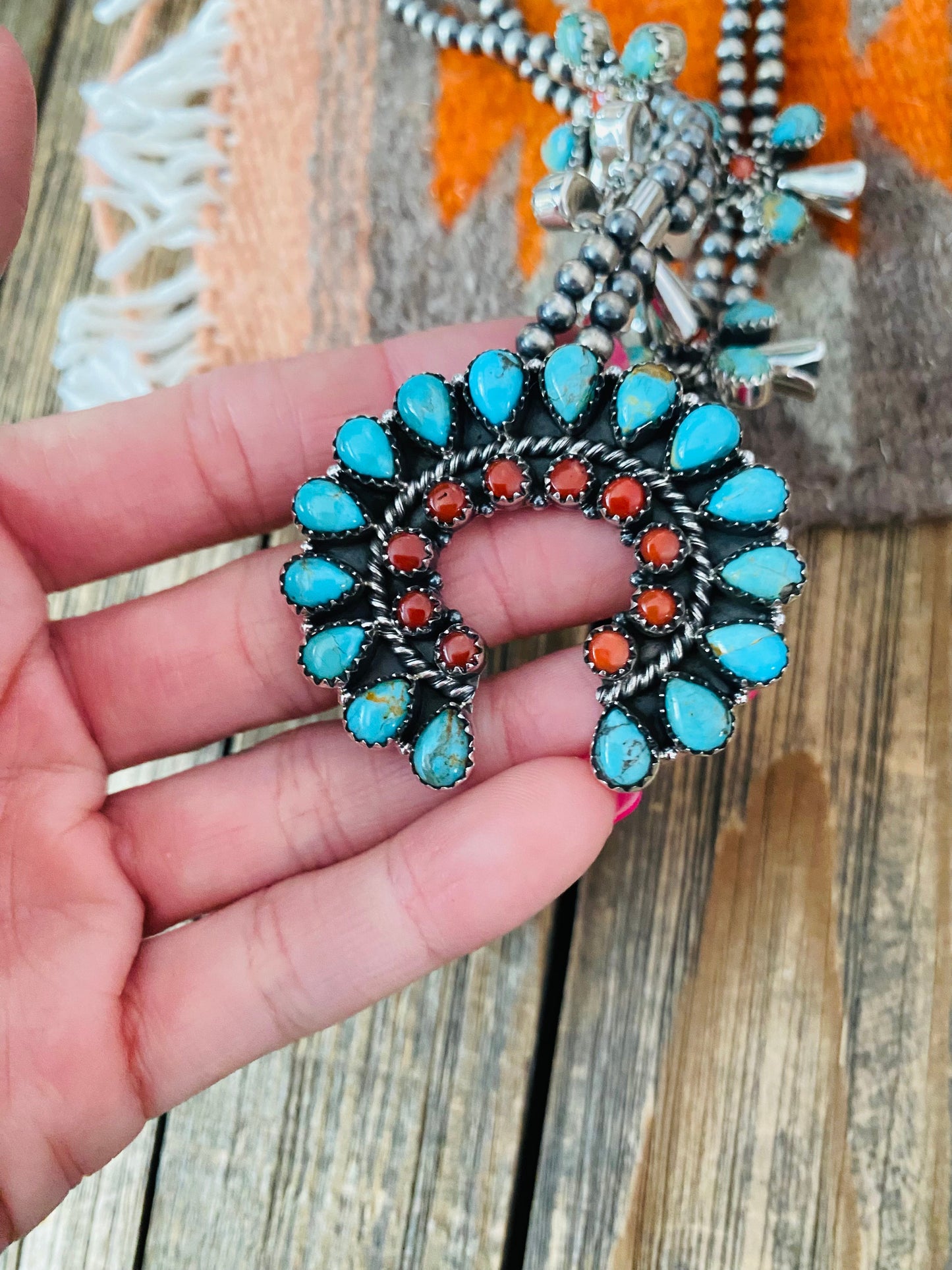Handmade Sterling Silver, Turquoise & Coral Squash Blossom Set