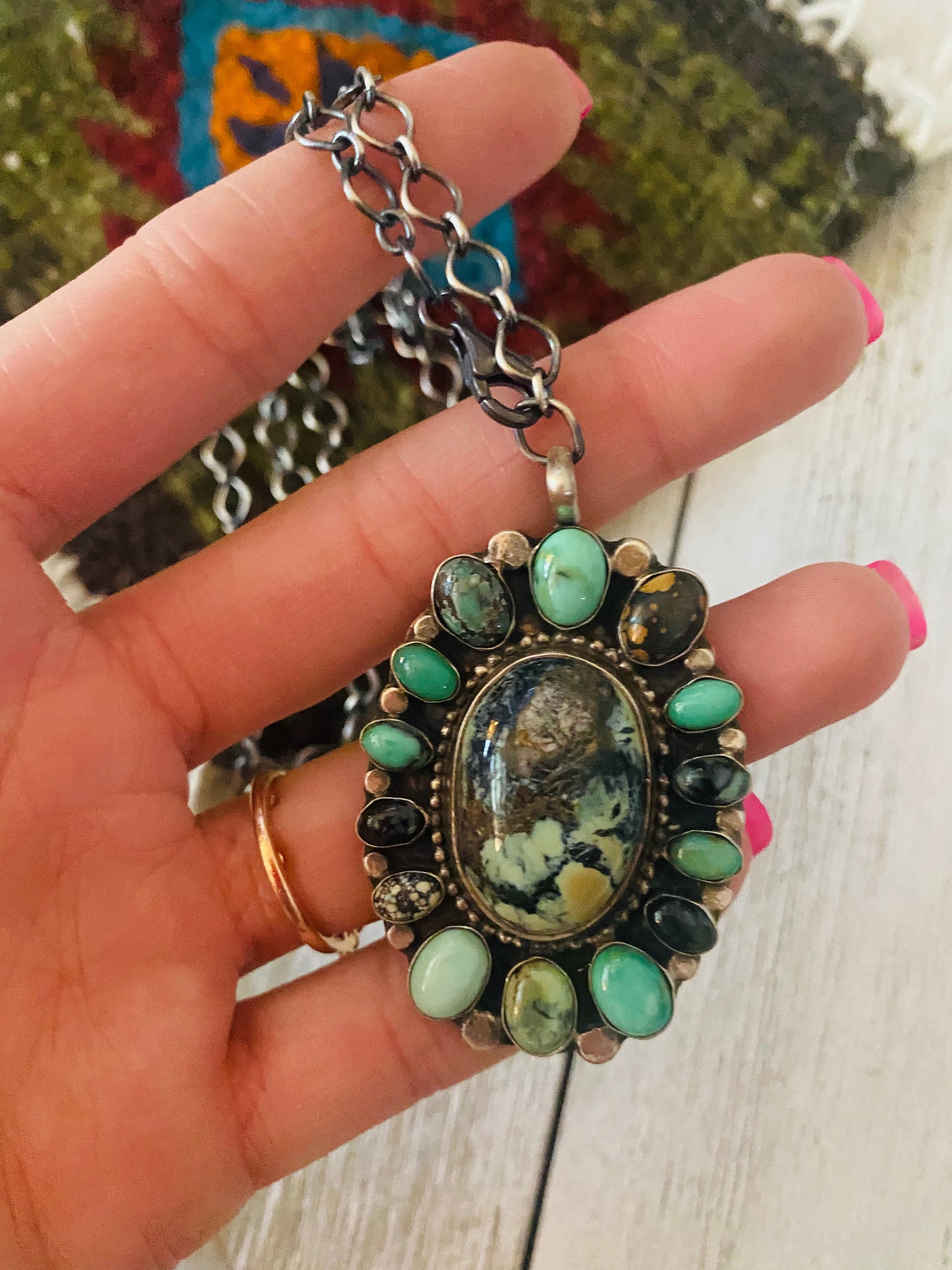 Navajo Sterling Silver & Tibetan Turquoise Cluster Necklace
