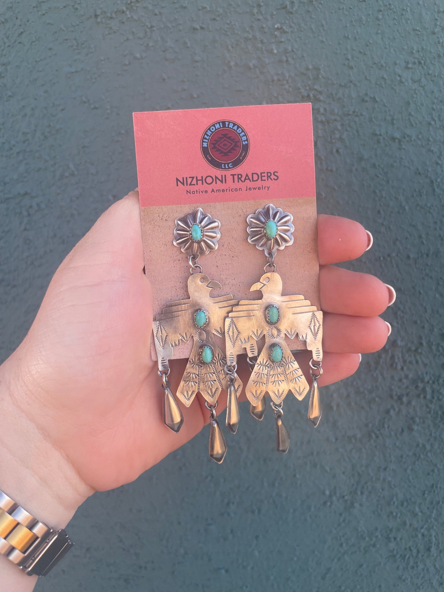 Navajo Sterling Silver & Turquoise Thunderbird Dangle Earrings