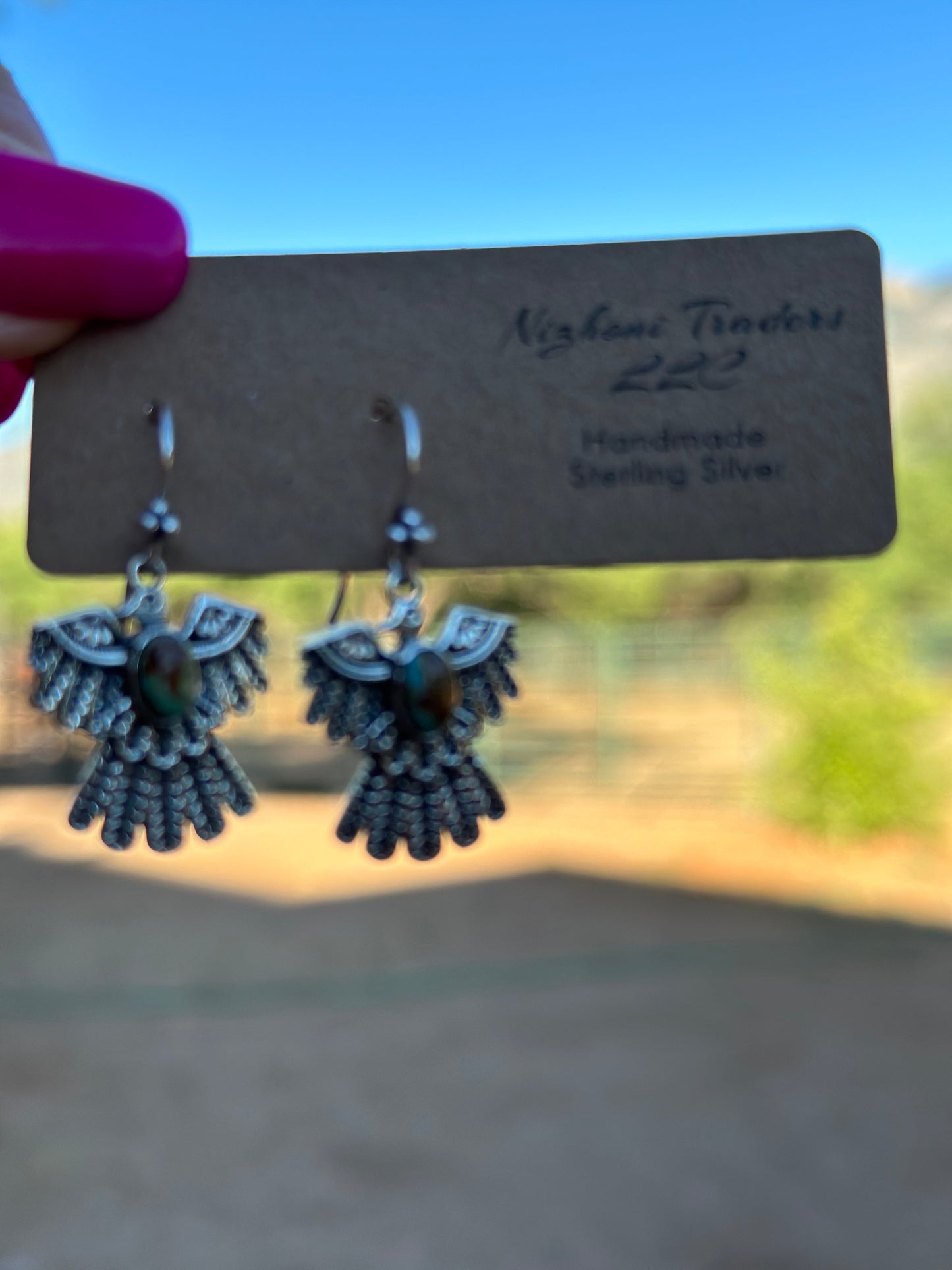 Handmade Royston Turquoise & Sterling Silver Thunderbird Dangle Earrings