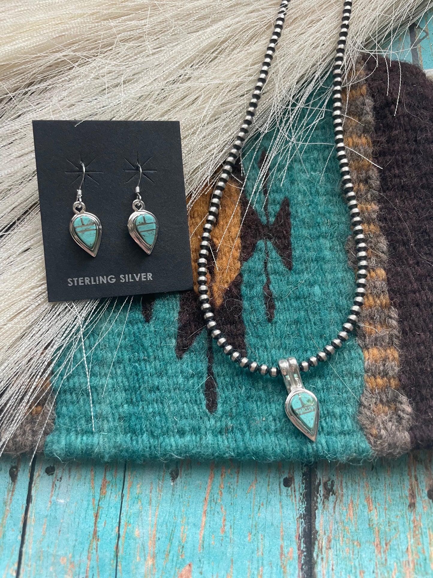 Navajo Number 8 Turquoise And Sterling Silver Inlay Dangle Earrings Pendant Set