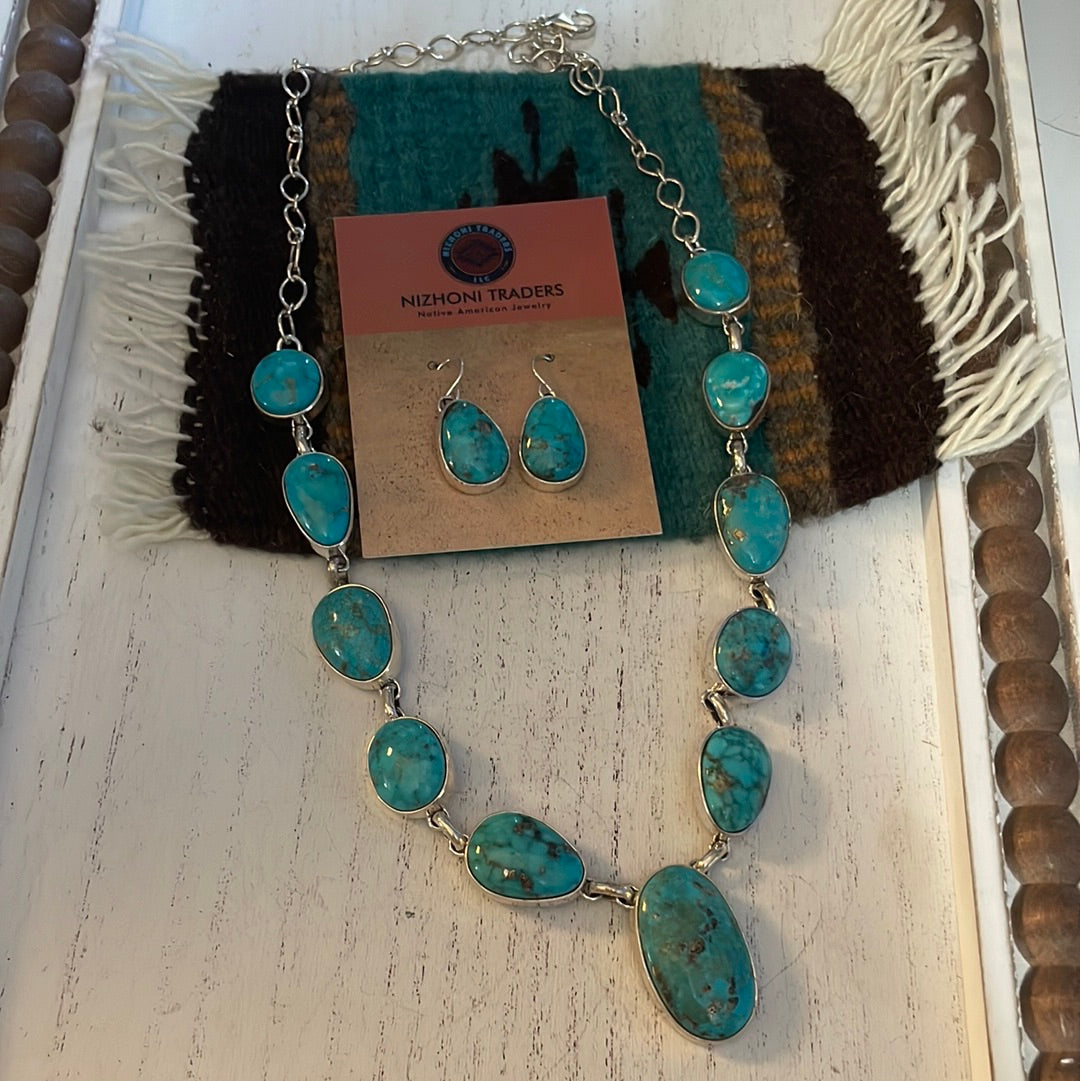 Navajo Turquoise And Sterling Silver Necklace & Dangle Earrings Set Signed