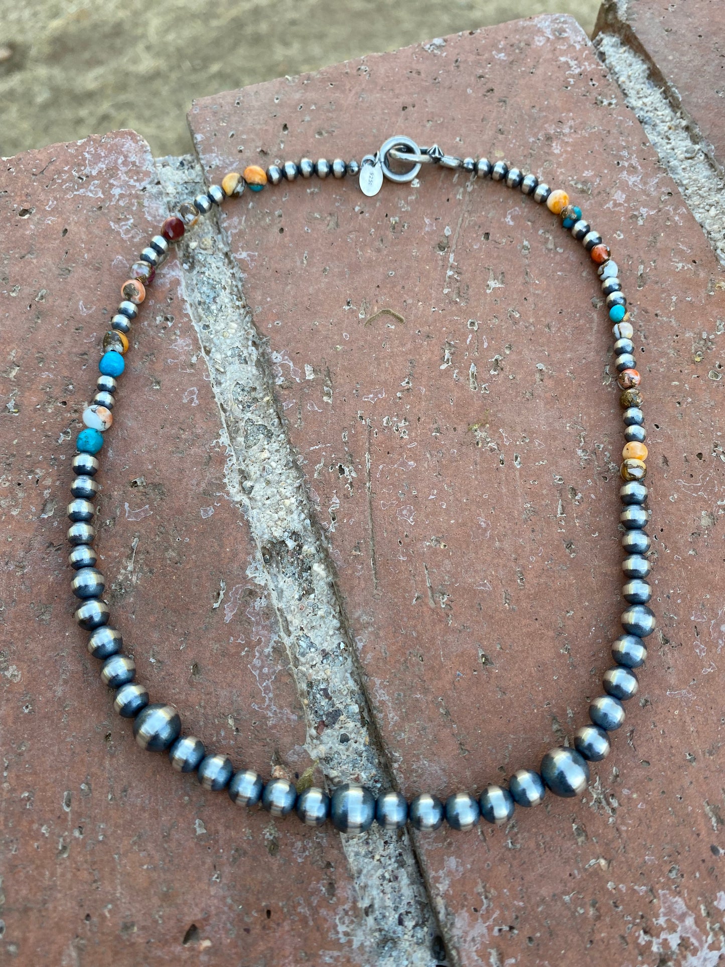 Navajo Turquoise & Spiny Spice Sterling Silver Beaded Necklace 16 inch