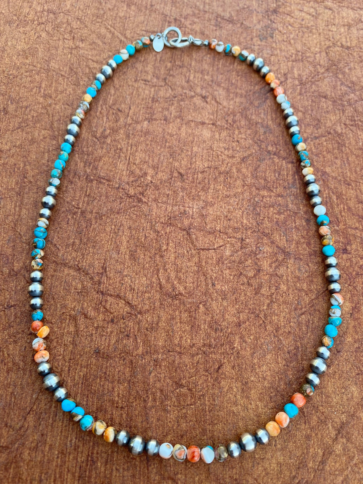 Navajo Turquoise & Spiny Spice Sterling Silver Beaded Necklace 20 inch
