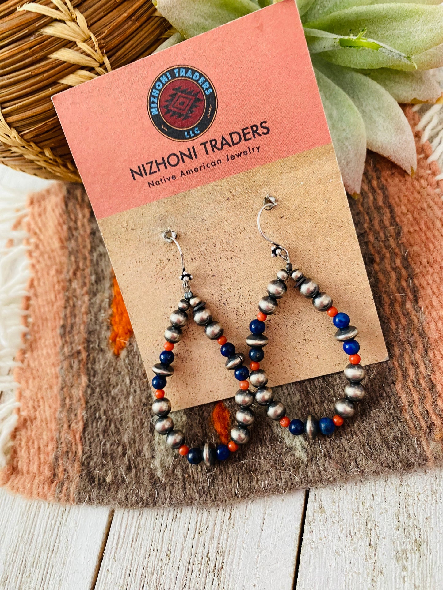 Handmade Coral, Lapis And Sterling Silver Beaded Dangle Earrings